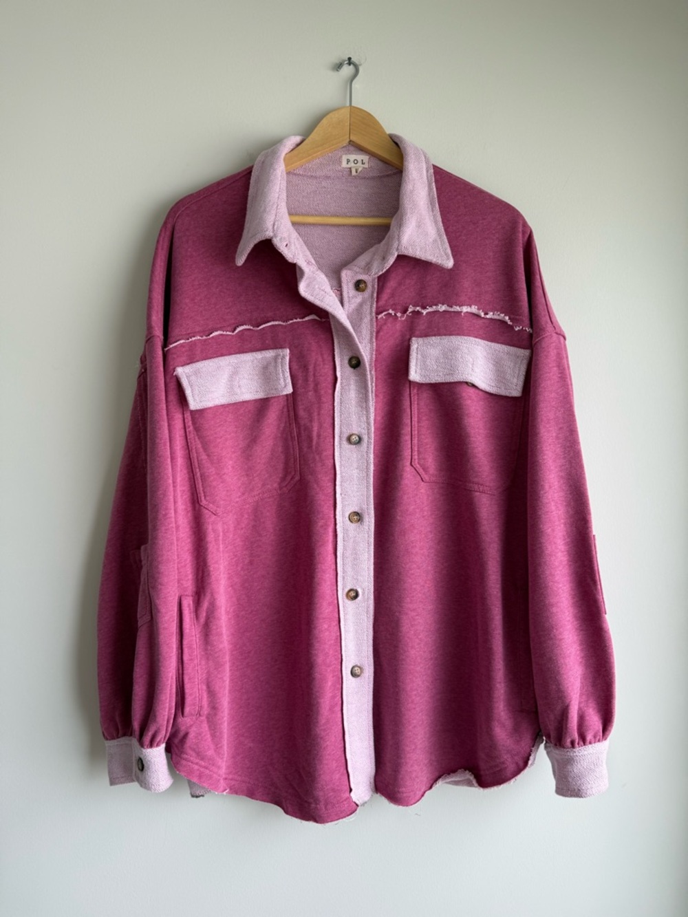 POL Pink French Terry Shacket Raw Hem Button Up Jacket Size Large - Picture 2 of 6